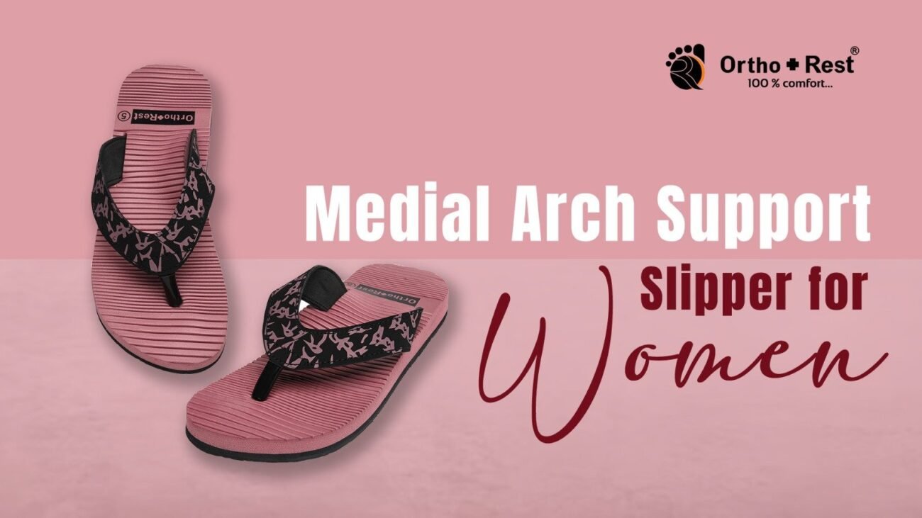 Women’s slippers with medial arch support designed to improve comfort, balance, and foot alignment