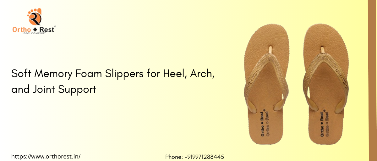 Ortho+Rest soft memory foam slippers with heel and arch support displayed on light background